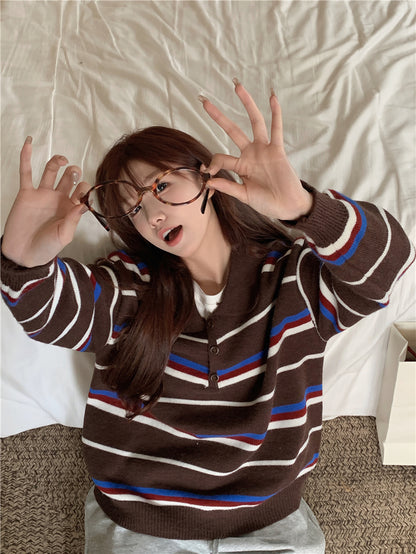 【F60727】復古撞色・翻領條紋寬鬆針織上衣260928