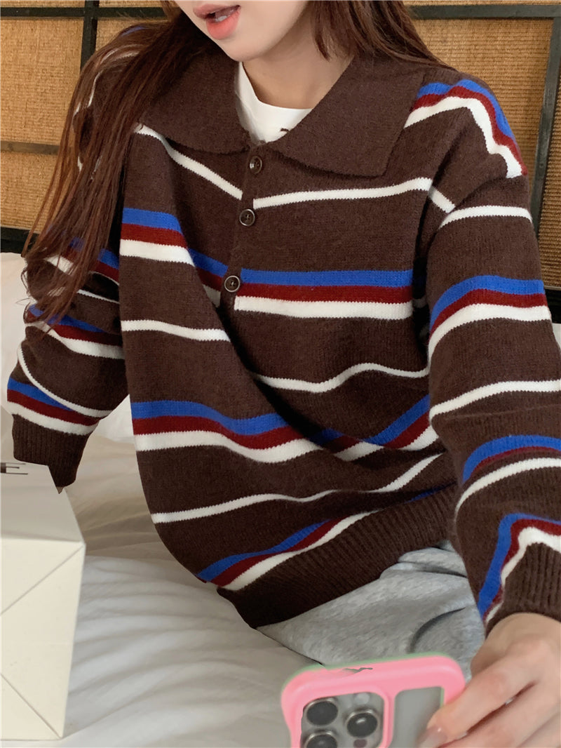 【F60727】復古撞色・翻領條紋寬鬆針織上衣260928