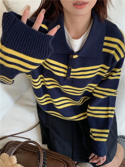 【F60727】復古撞色・翻領條紋寬鬆針織上衣260928