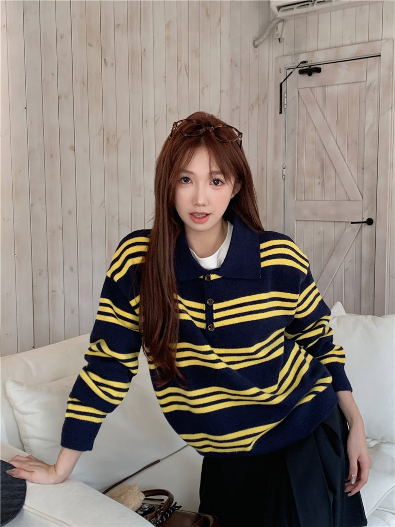 【F60727】復古撞色・翻領條紋寬鬆針織上衣260928