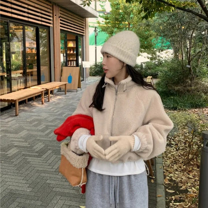 【F60722】溫柔甜美・立領拉鍊抽繩縮腰短版羊羔毛休閒外套260928