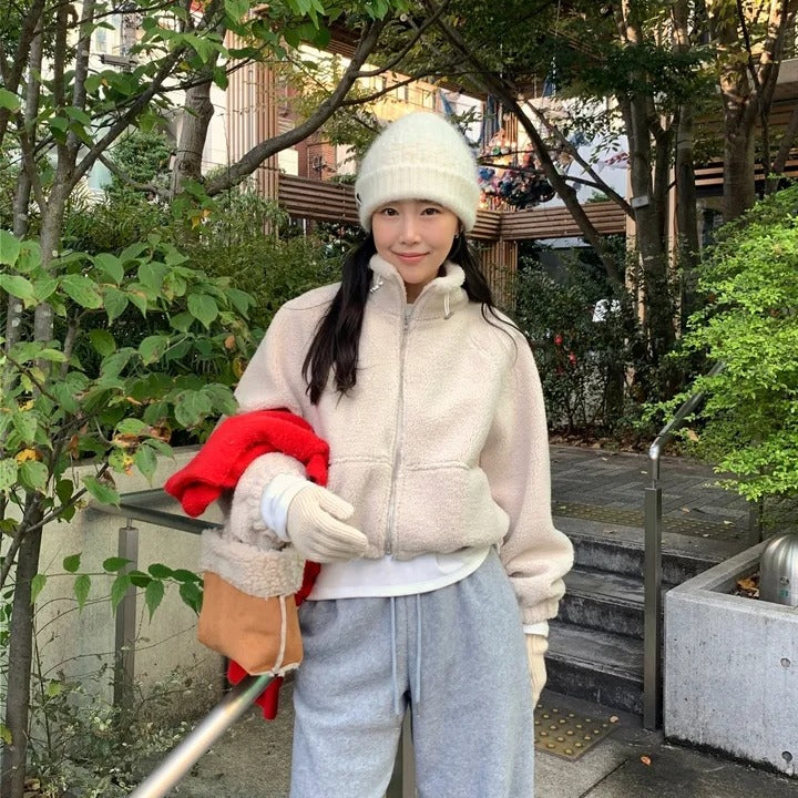 【F60722】溫柔甜美・立領拉鍊抽繩縮腰短版羊羔毛休閒外套260928