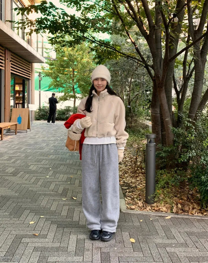 【F60722】溫柔甜美・立領拉鍊抽繩縮腰短版羊羔毛休閒外套260928