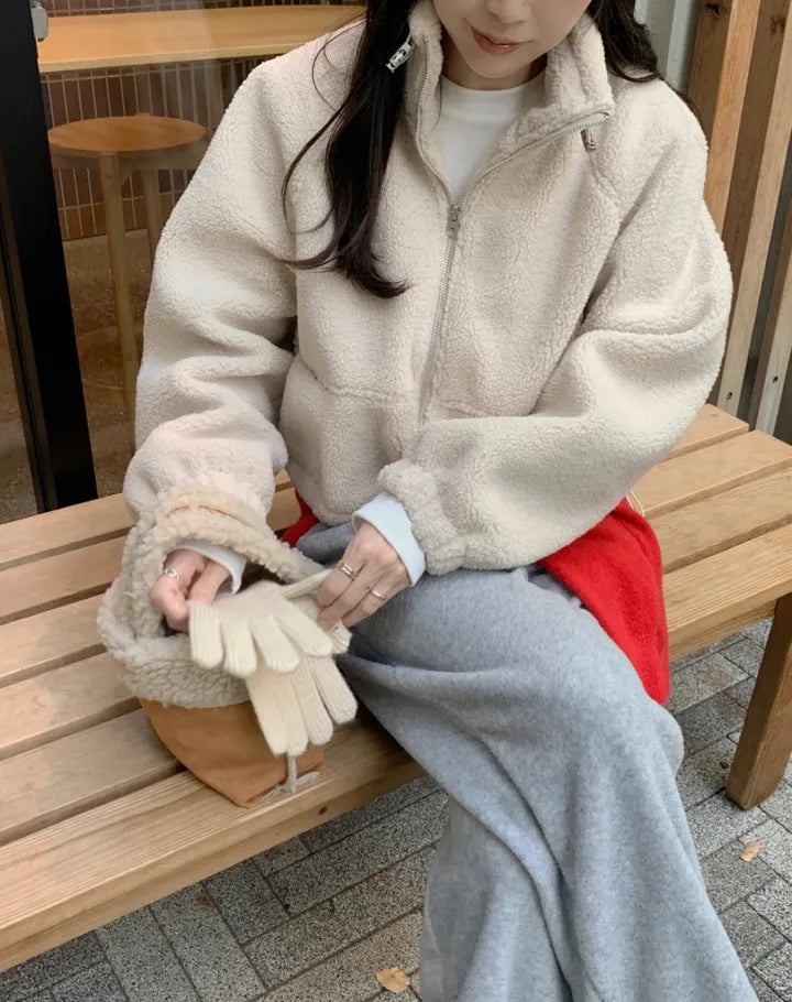 【F60722】溫柔甜美・立領拉鍊抽繩縮腰短版羊羔毛休閒外套260928