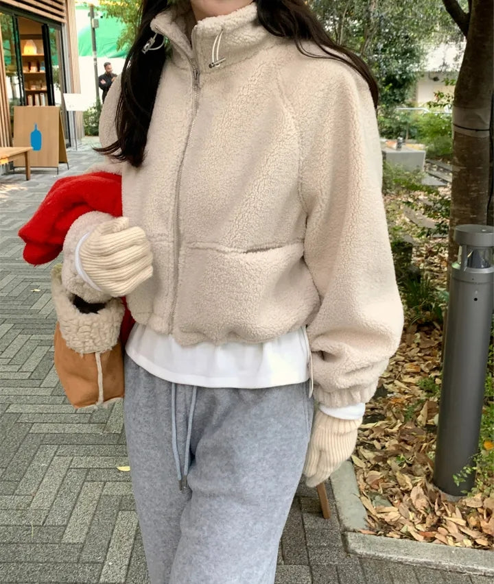 【F60722】溫柔甜美・立領拉鍊抽繩縮腰短版羊羔毛休閒外套260928