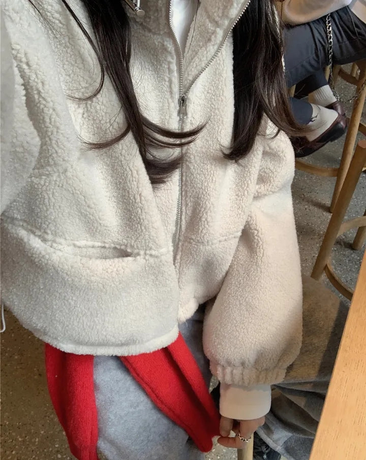 【F60722】溫柔甜美・立領拉鍊抽繩縮腰短版羊羔毛休閒外套260928