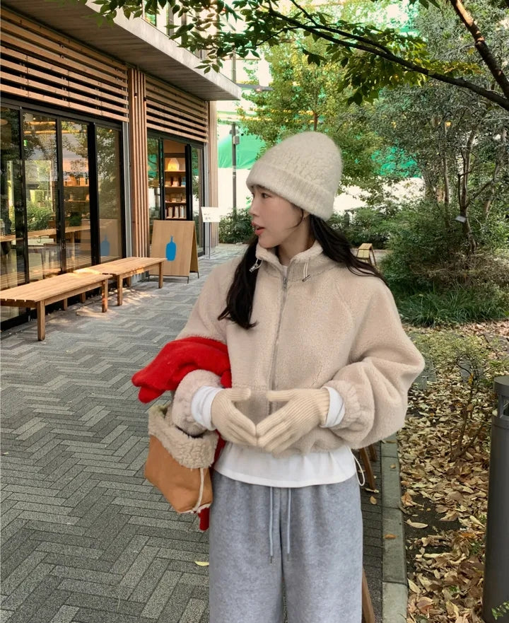 【F60722】溫柔甜美・立領拉鍊抽繩縮腰短版羊羔毛休閒外套260928