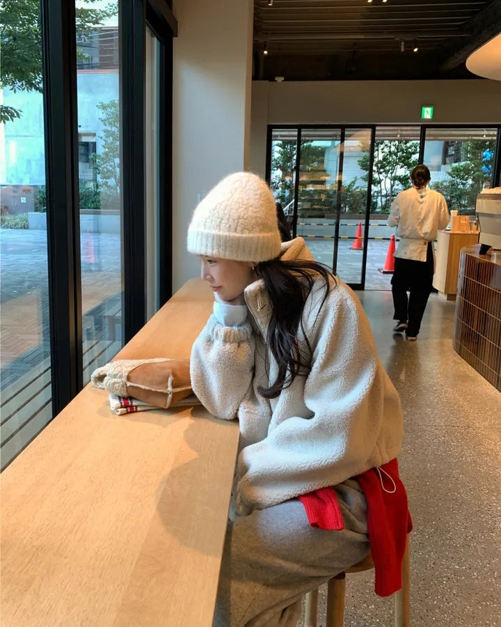 【F60722】溫柔甜美・立領拉鍊抽繩縮腰短版羊羔毛休閒外套260928