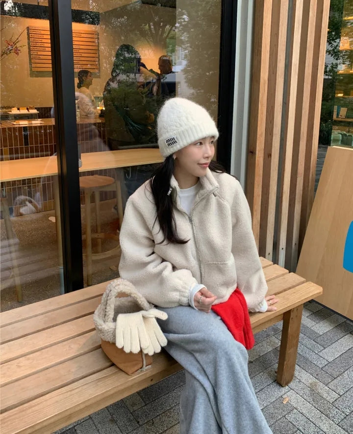 【F60722】溫柔甜美・立領拉鍊抽繩縮腰短版羊羔毛休閒外套260928