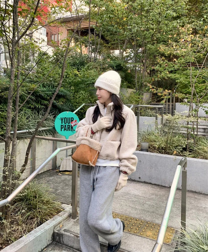 【F60722】溫柔甜美・立領拉鍊抽繩縮腰短版羊羔毛休閒外套260928