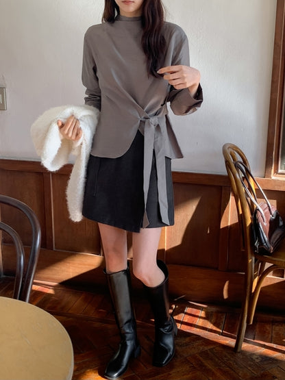 【F60721】法式溫柔・不規則設計綁帶縮腰立領長袖襯衫260928