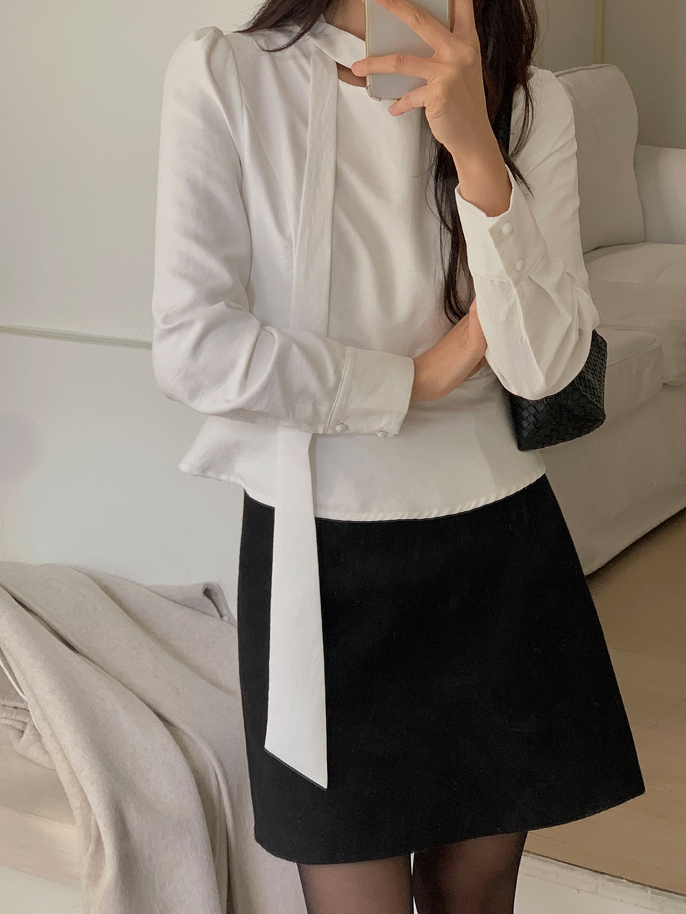 【F60529】法式優雅氛圍感🎀氣質飄帶長袖襯衫

260316