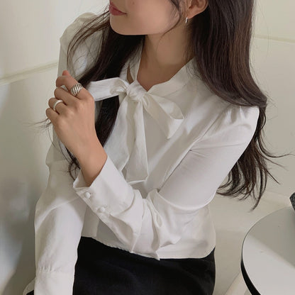 【F60529】法式優雅氛圍感🎀氣質飄帶長袖襯衫

260316