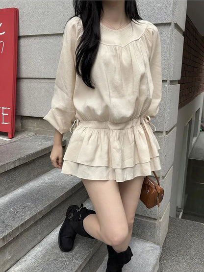 【F60726】法式甜美・圓領抓皺抽繩縮腰長袖短洋裝260928
