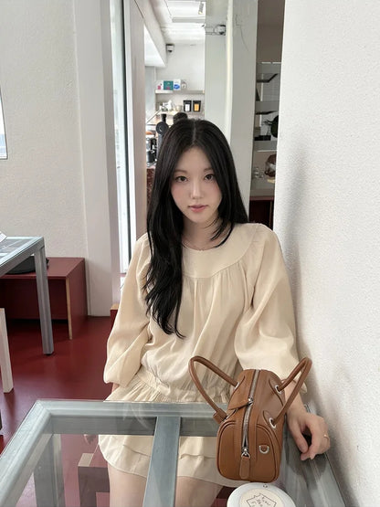 【F60726】法式甜美・圓領抓皺抽繩縮腰長袖短洋裝260928