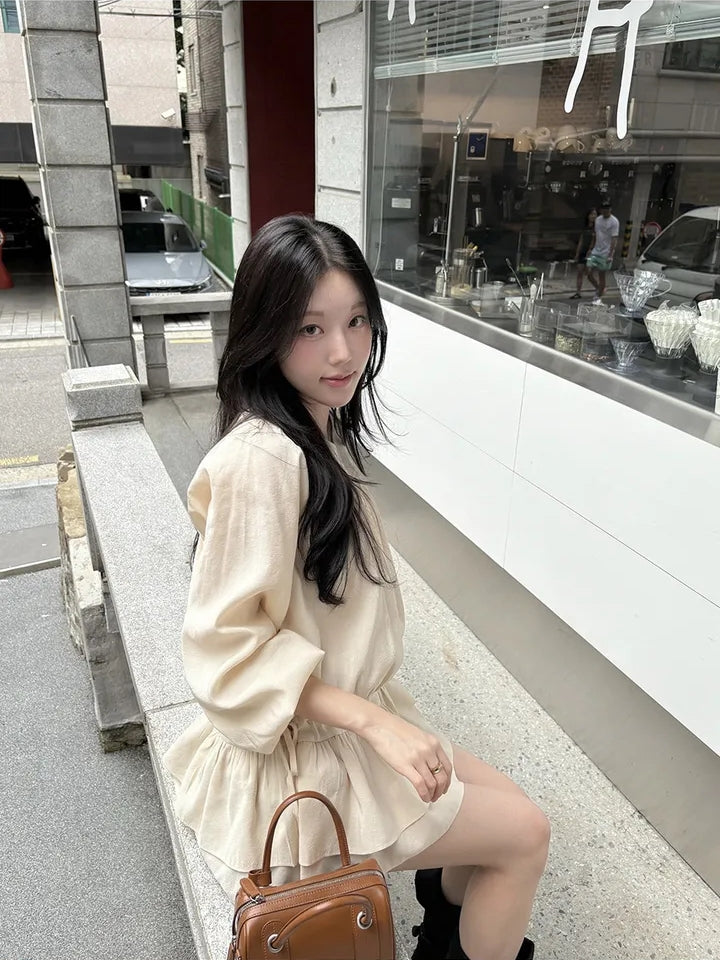 【F60726】法式甜美・圓領抓皺抽繩縮腰長袖短洋裝260928