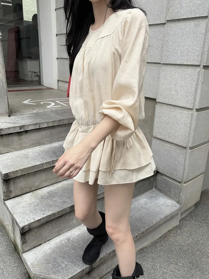 【F60726】法式甜美・圓領抓皺抽繩縮腰長袖短洋裝260928