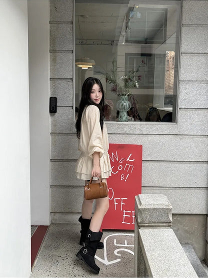 【F60726】法式甜美・圓領抓皺抽繩縮腰長袖短洋裝260928