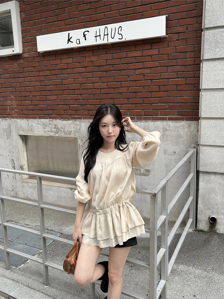 【F60726】法式甜美・圓領抓皺抽繩縮腰長袖短洋裝260928