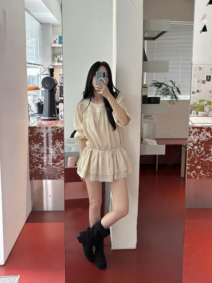 【F60726】法式甜美・圓領抓皺抽繩縮腰長袖短洋裝260928