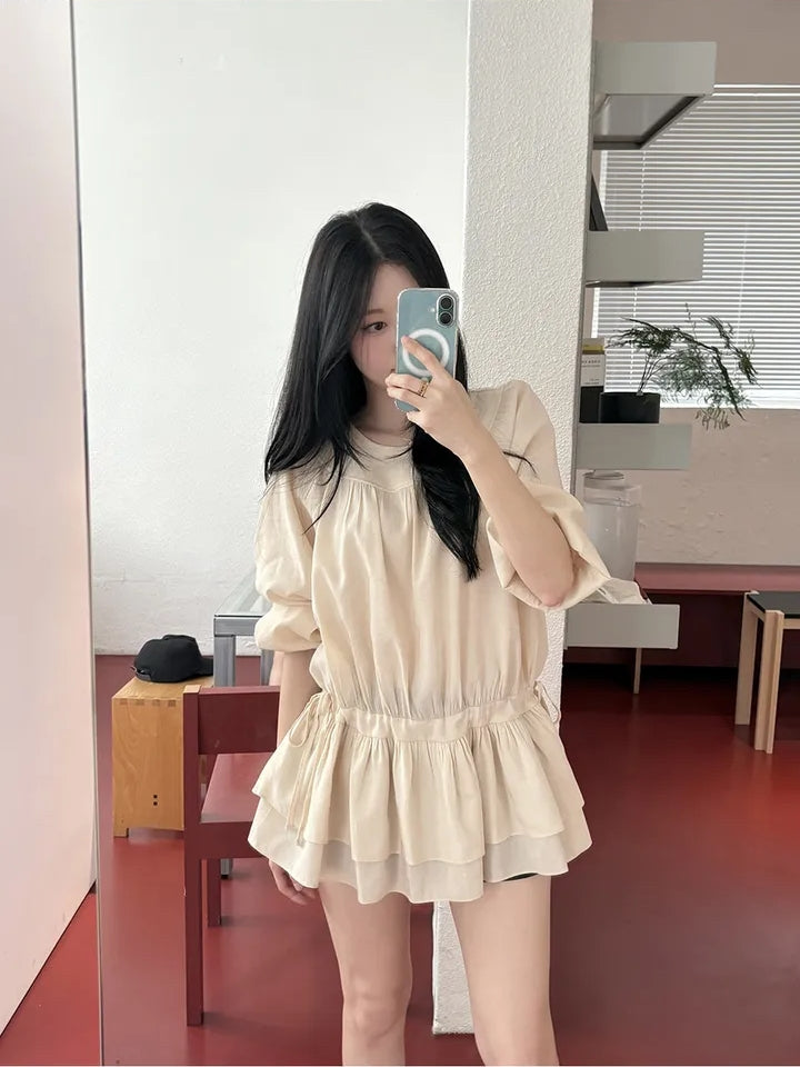 【F60726】法式甜美・圓領抓皺抽繩縮腰長袖短洋裝260928