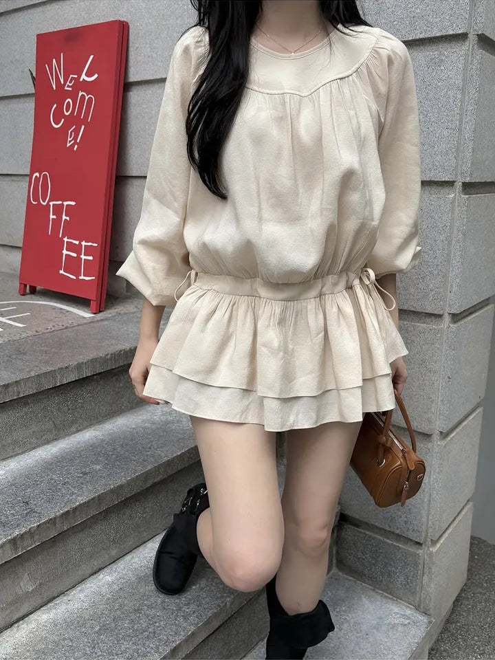 【F60726】法式甜美・圓領抓皺抽繩縮腰長袖短洋裝260928