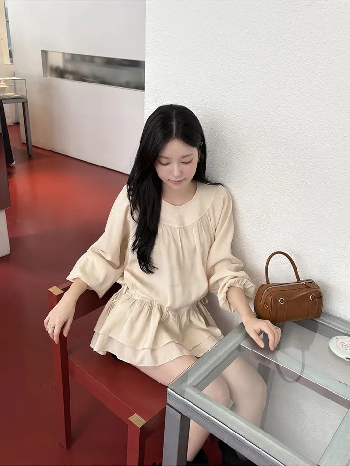 【F60726】法式甜美・圓領抓皺抽繩縮腰長袖短洋裝260928