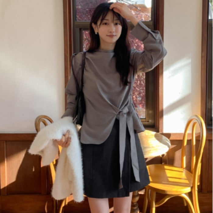 【F60721】法式溫柔・不規則設計綁帶縮腰立領長袖襯衫260928
