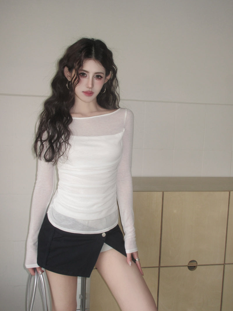 【F60561】法式純慾微性感🤍輕透拼接垂墜領假兩件長袖修身顯瘦T恤260413