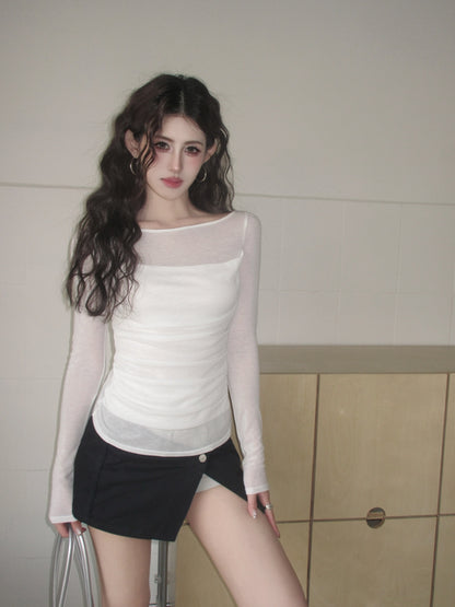 【F60561】法式純慾微性感🤍輕透拼接垂墜領假兩件長袖修身顯瘦T恤260413