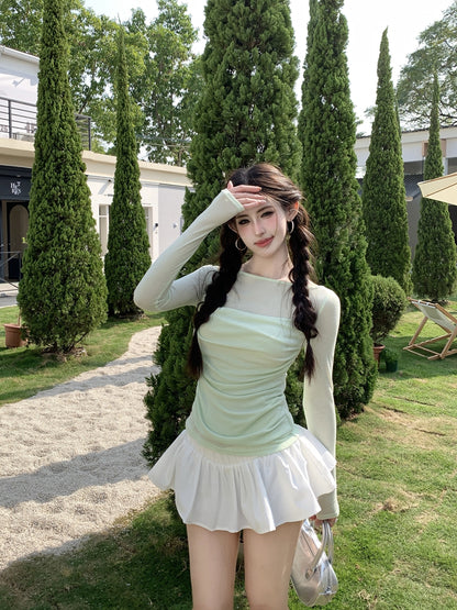 【F60561】法式純慾微性感🤍輕透拼接垂墜領假兩件長袖修身顯瘦T恤260413