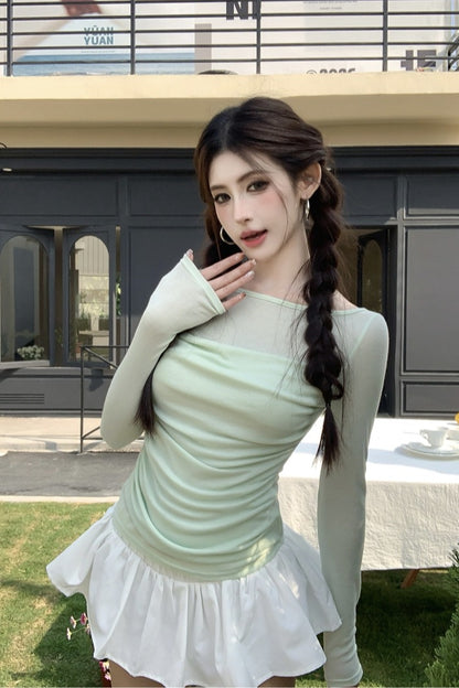 【F60561】法式純慾微性感🤍輕透拼接垂墜領假兩件長袖修身顯瘦T恤260413