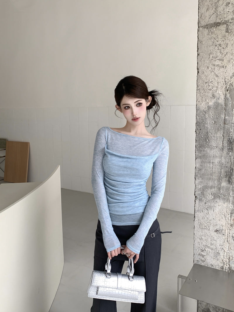 【F60561】法式純慾微性感🤍輕透拼接垂墜領假兩件長袖修身顯瘦T恤260413