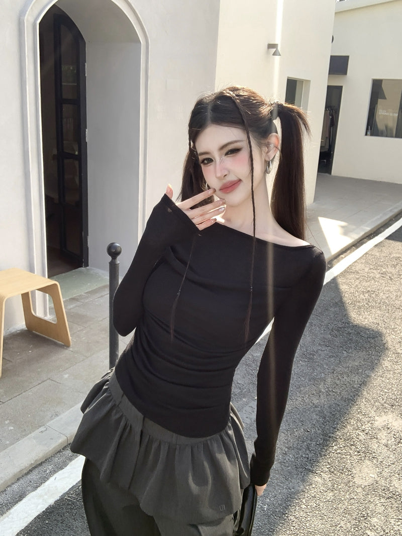 【F60561】法式純慾微性感🤍輕透拼接垂墜領假兩件長袖修身顯瘦T恤260413