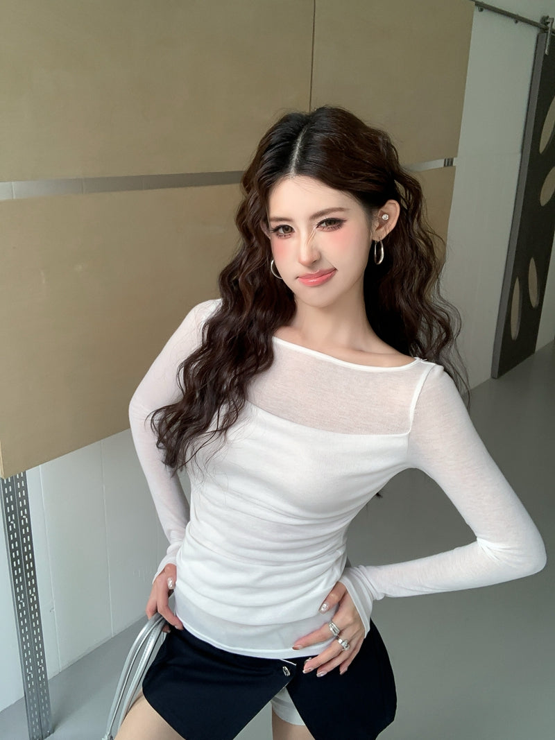 【F60561】法式純慾微性感🤍輕透拼接垂墜領假兩件長袖修身顯瘦T恤260413