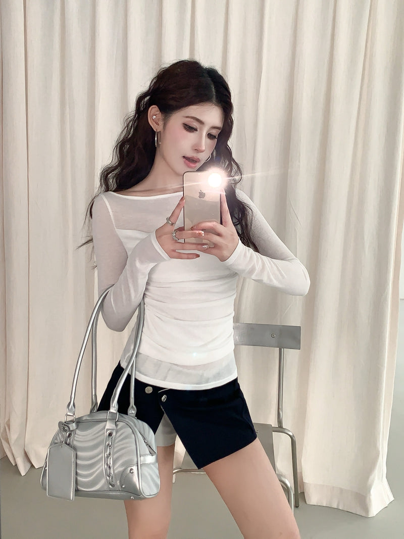 【F60561】法式純慾微性感🤍輕透拼接垂墜領假兩件長袖修身顯瘦T恤260413