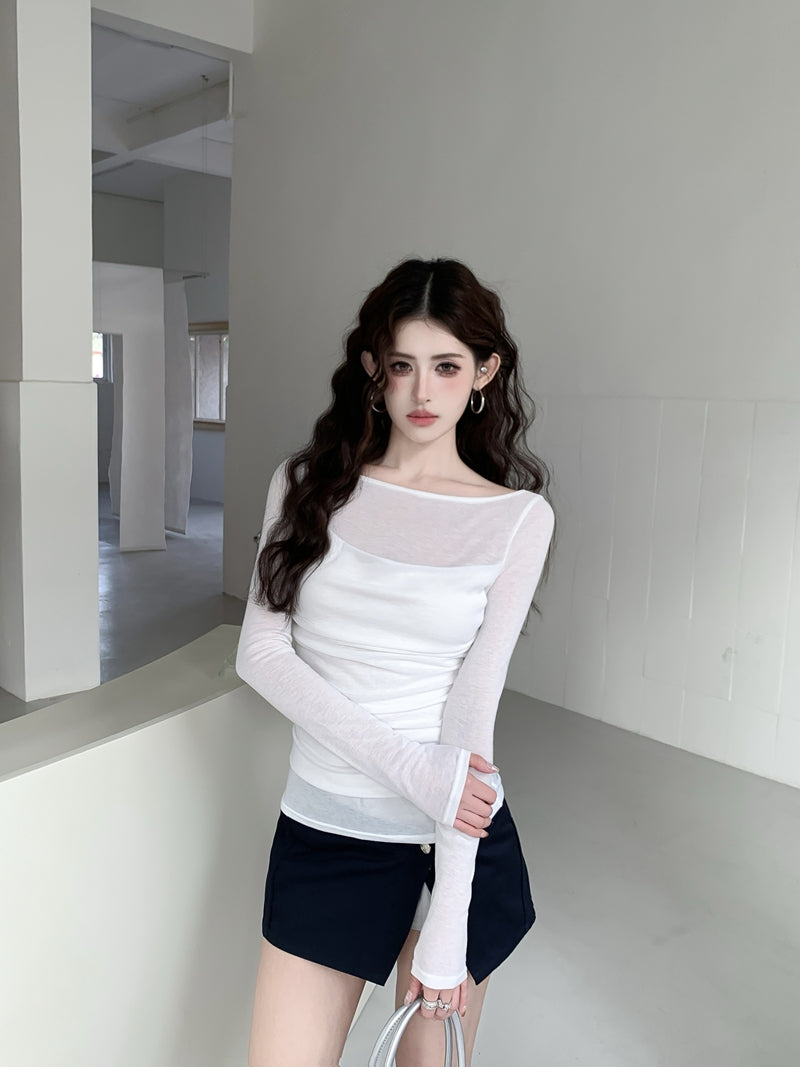 【F60561】法式純慾微性感🤍輕透拼接垂墜領假兩件長袖修身顯瘦T恤260413