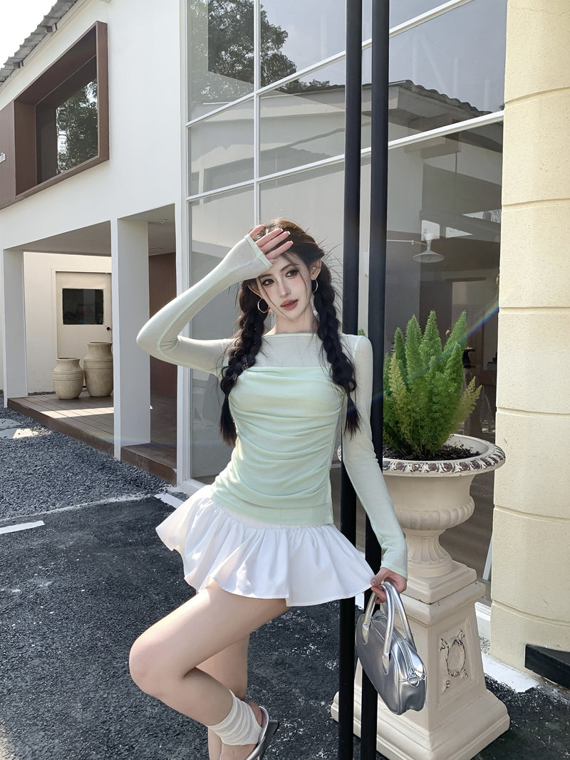 【F60561】法式純慾微性感🤍輕透拼接垂墜領假兩件長袖修身顯瘦T恤260413