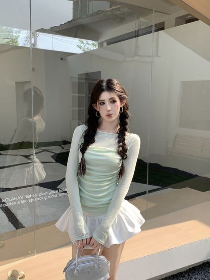 【F60561】法式純慾微性感🤍輕透拼接垂墜領假兩件長袖修身顯瘦T恤260413