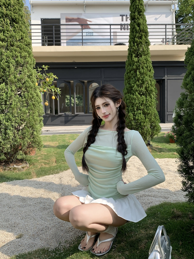 【F60561】法式純慾微性感🤍輕透拼接垂墜領假兩件長袖修身顯瘦T恤260413