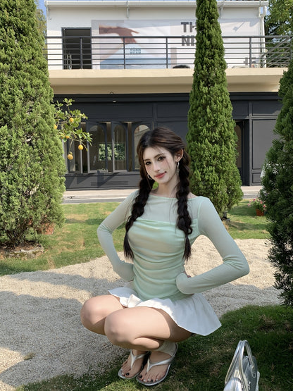 【F60561】法式純慾微性感🤍輕透拼接垂墜領假兩件長袖修身顯瘦T恤260413