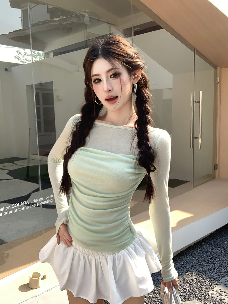 【F60561】法式純慾微性感🤍輕透拼接垂墜領假兩件長袖修身顯瘦T恤260413