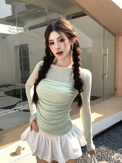 【F60561】法式純慾微性感🤍輕透拼接垂墜領假兩件長袖修身顯瘦T恤260413