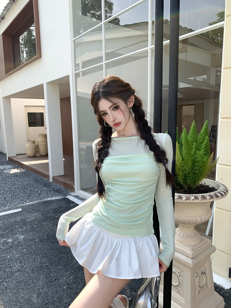 【F60561】法式純慾微性感🤍輕透拼接垂墜領假兩件長袖修身顯瘦T恤260413