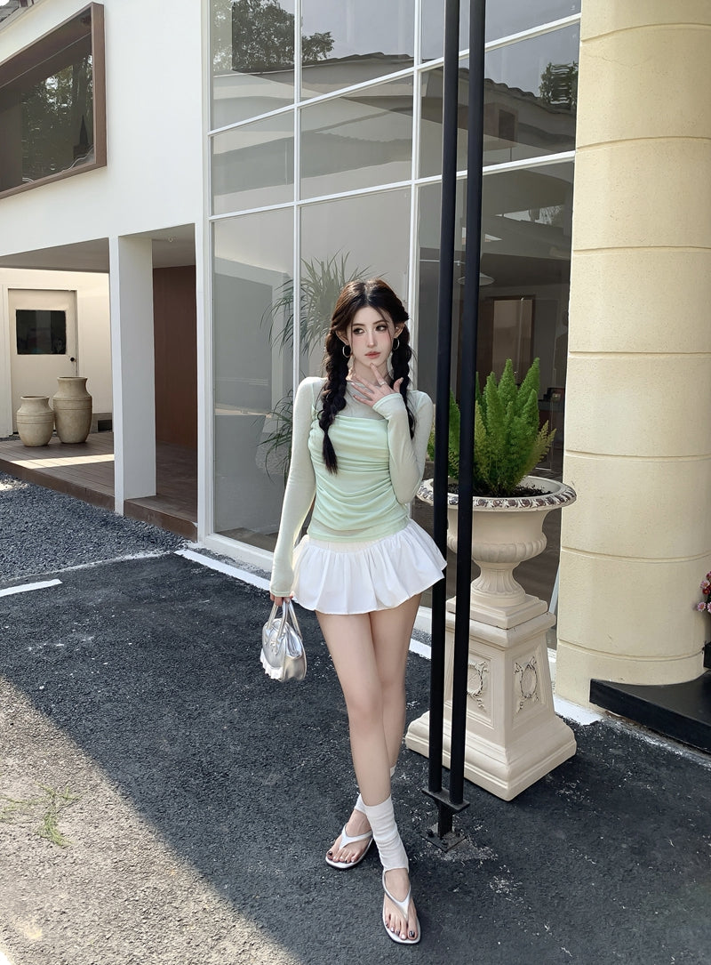 【F60561】法式純慾微性感🤍輕透拼接垂墜領假兩件長袖修身顯瘦T恤260413