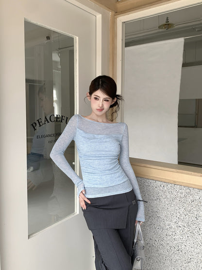 【F60561】法式純慾微性感🤍輕透拼接垂墜領假兩件長袖修身顯瘦T恤260413