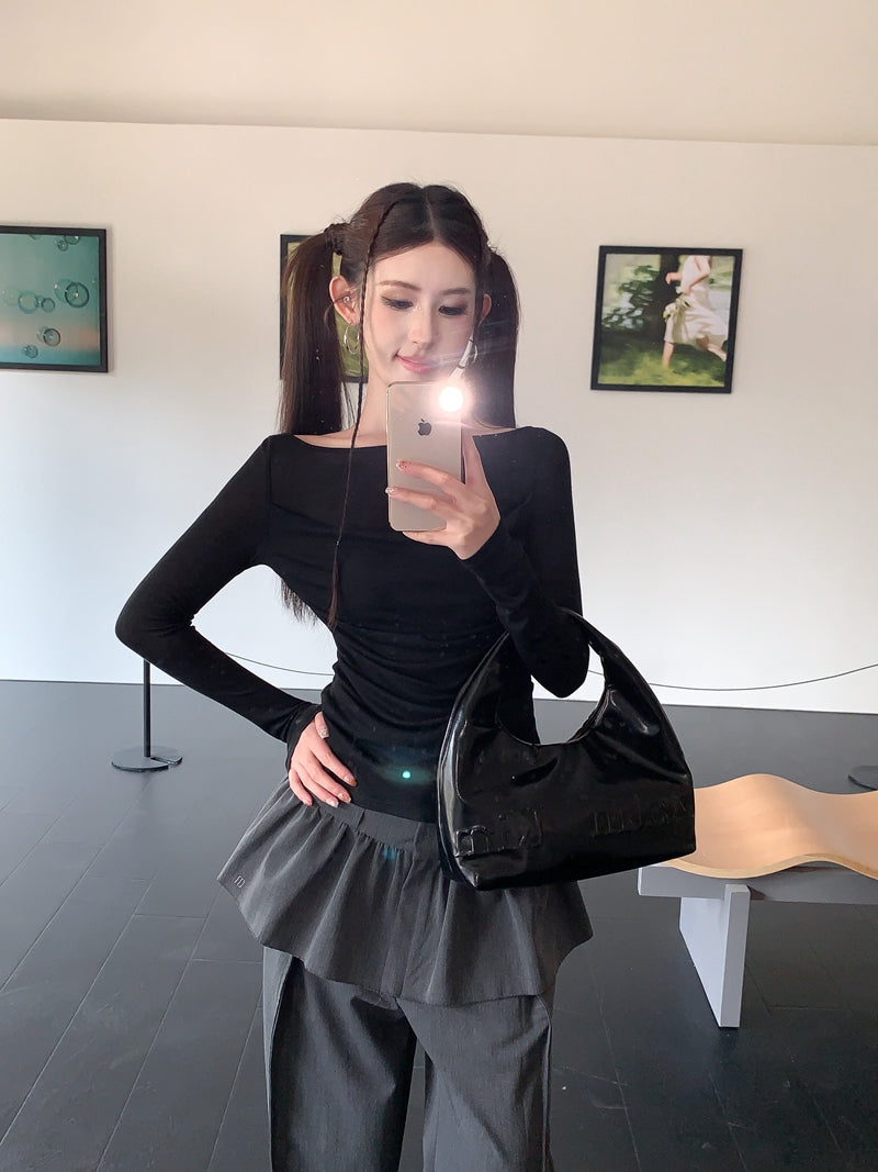 【F60561】法式純慾微性感🤍輕透拼接垂墜領假兩件長袖修身顯瘦T恤260413