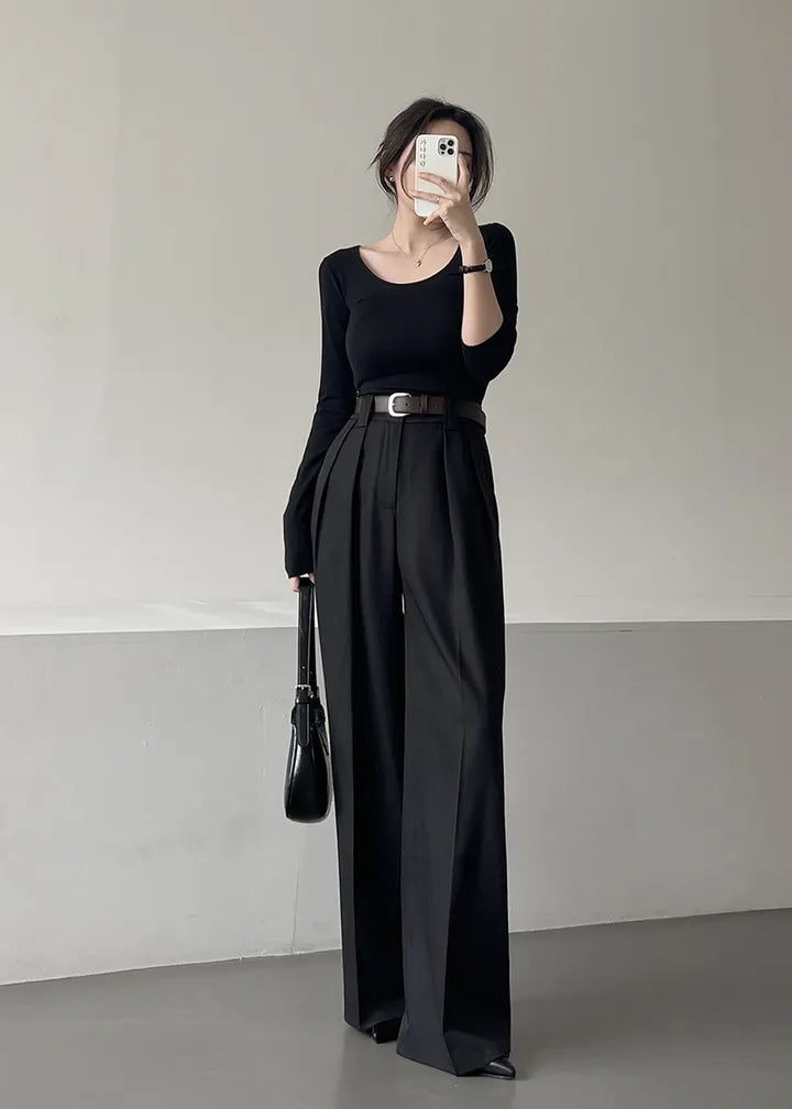 【F60710】極簡慵懶・高腰壓褶垂墜直筒落地寬褲260914