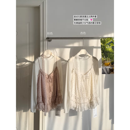 【F60512】韓系甜美層次感✨純色內搭+點點花邊細肩帶 兩件套裝260316
