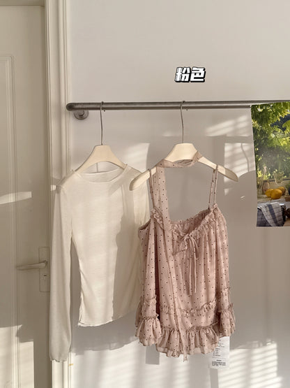 【F60512】韓系甜美層次感✨純色內搭+點點花邊細肩帶 兩件套裝260316